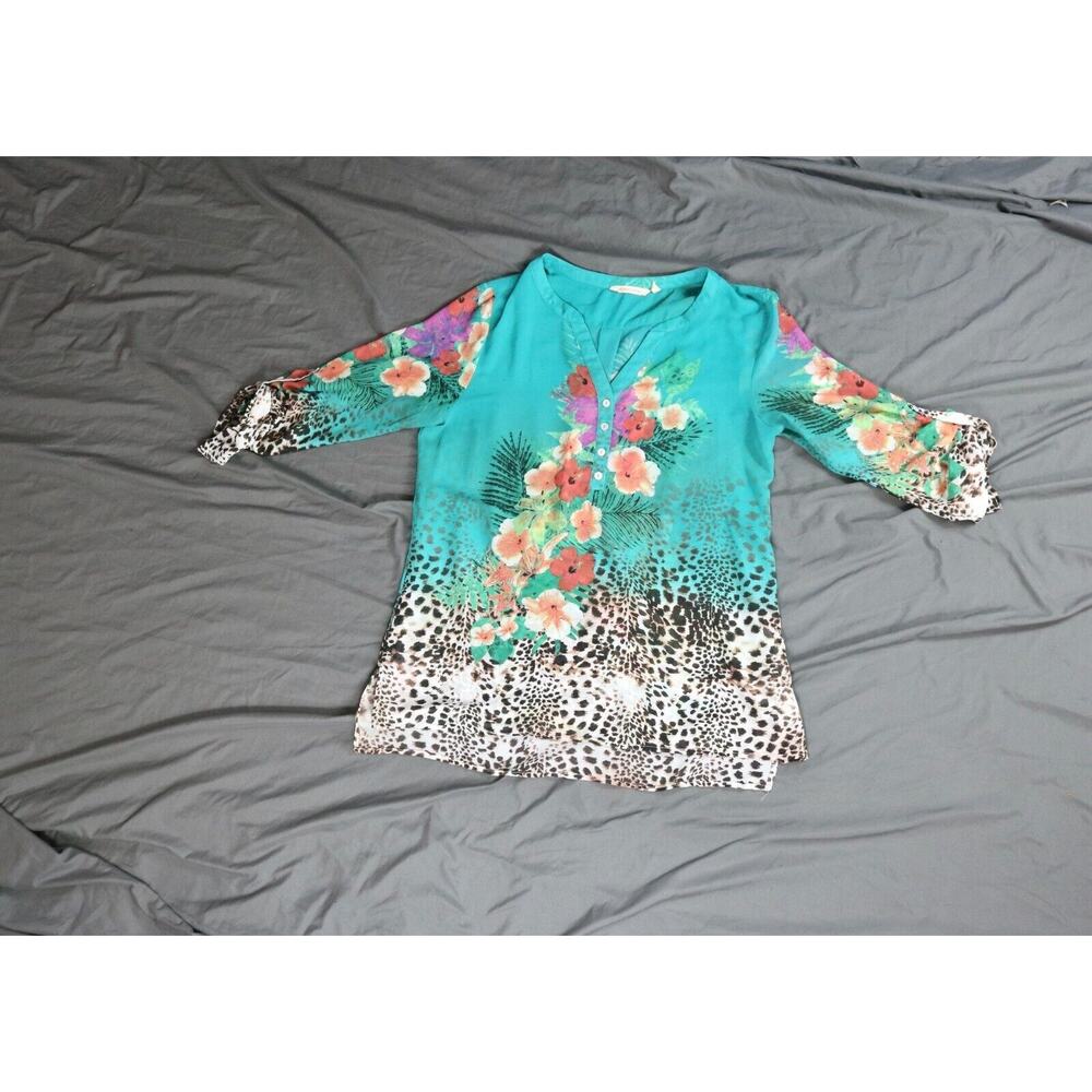 Soft Surroundings Top Womens L Multi Roll Tab Sleeve Tunic Tropical Print Floral